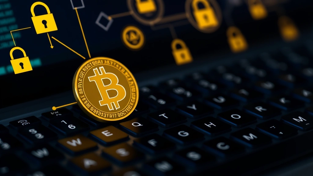 Close-up of computer keyboard with Bitcoin logo key highlighted in bright gold, surrounded by security padlock symbols and digital security elements, dark professional background