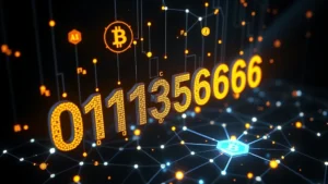 Photorealistic 3D visualization of a Bitcoin address being generated through cryptographic algorithms, glowing digital chains and mathematical symbols floating in dark space, blockchain network nodes connected by luminous lines