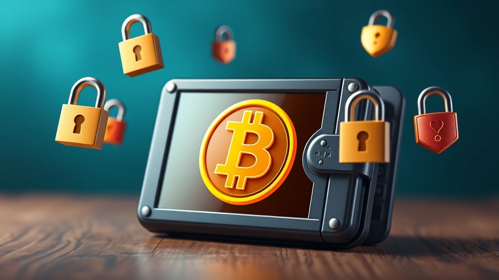 Realistic depiction of a hardware wallet device with a Bitcoin symbol displayed on screen, surrounded by floating security locks and shield icons, showing the concept of cold storage protection and private key security