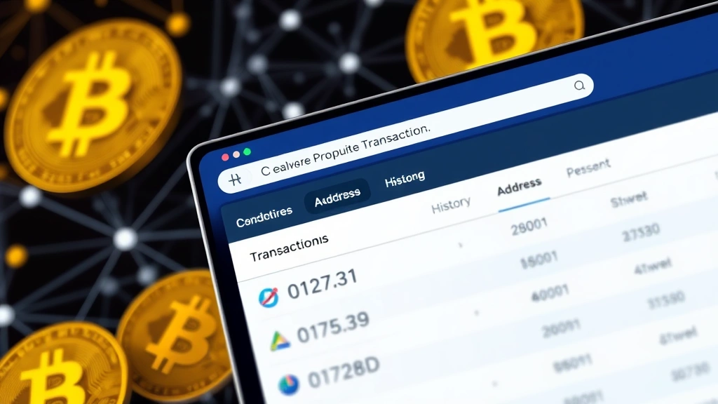 Photorealistic image of blockchain explorer interface showing transaction history and address balances, with Bitcoin symbols and network nodes visible in the background, representing transparent transaction verification