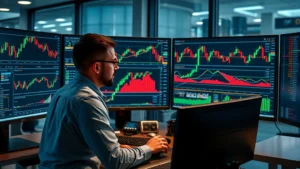 Photorealistic image of a cryptocurrency trader analyzing Bitcoin price charts on multiple high-resolution monitors in a modern office, showing candlestick patterns and technical analysis tools, professional trading environment