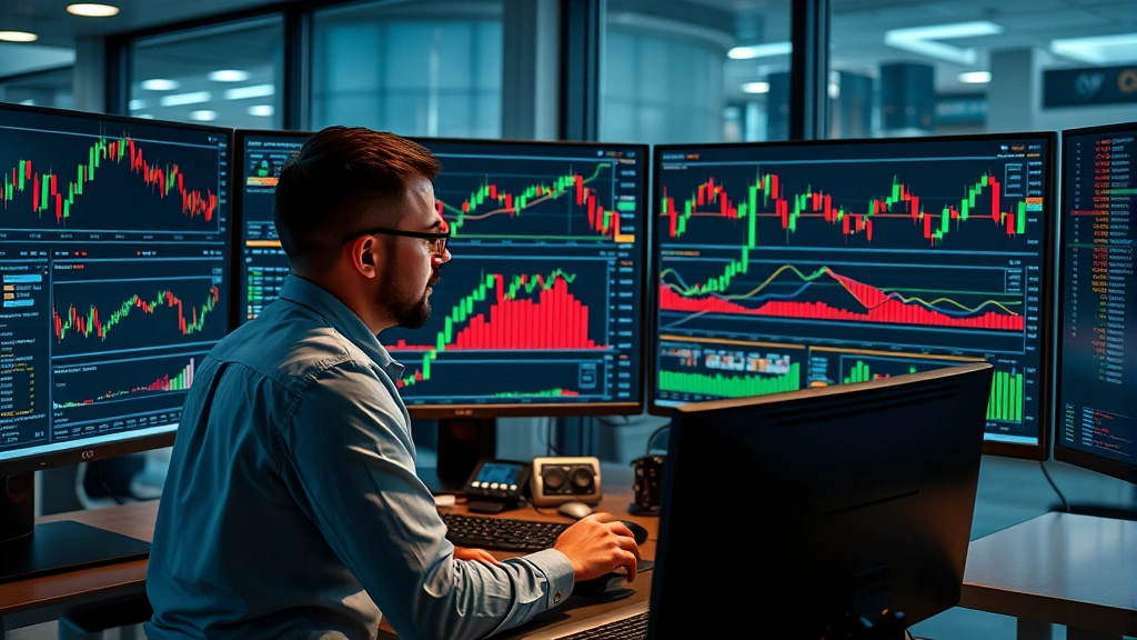 Photorealistic image of a cryptocurrency trader analyzing Bitcoin price charts on multiple high-resolution monitors in a modern office, showing candlestick patterns and technical analysis tools, professional trading environment