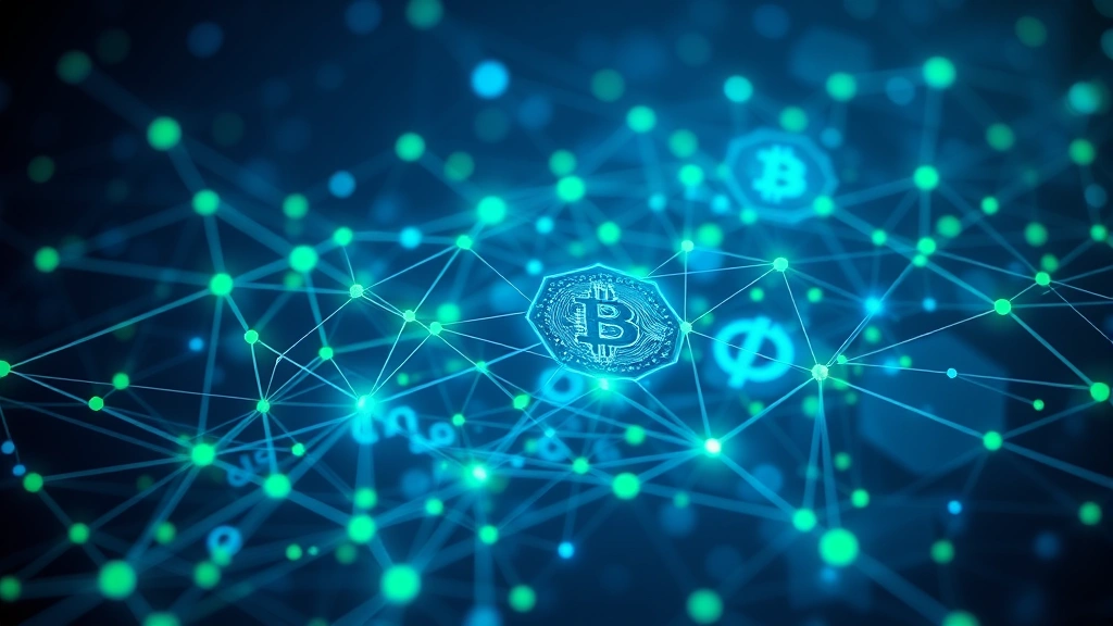 Photorealistic image of a blockchain network visualization with interconnected nodes and data flows, representing Bitcoin transaction processing and distributed ledger technology, blue and green color scheme