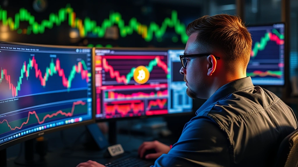 Cryptocurrency trader analyzing bitcoin correction on multiple monitors, blockchain network visualization in background, serious professional atmosphere, modern trading desk setup, LED screens reflecting on face