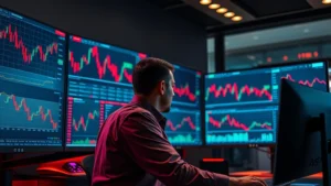 Photorealistic image of a cryptocurrency trader monitoring multiple digital screens showing red candlestick charts and declining market values in a modern trading office, dramatic lighting emphasizing market stress