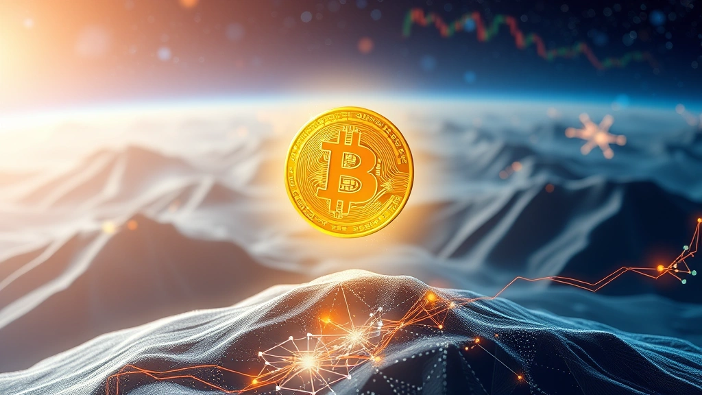 Photorealistic image of a glowing Bitcoin coin suspended above a digital landscape with flowing data streams and network nodes, representing blockchain technology and market dynamics, no text or charts visible