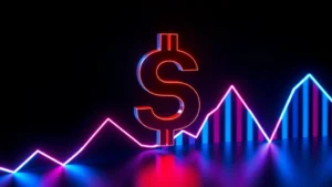 Photorealistic image of a digital currency symbol declining in value against a dark background with downward trending lines in blue and red neon lights, representing market crash