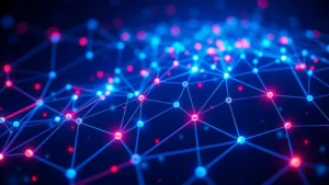 Digital blockchain network with interconnected nodes glowing in blue and red, representing Bitcoin price volatility and market connections, abstract cryptocurrency technology visualization