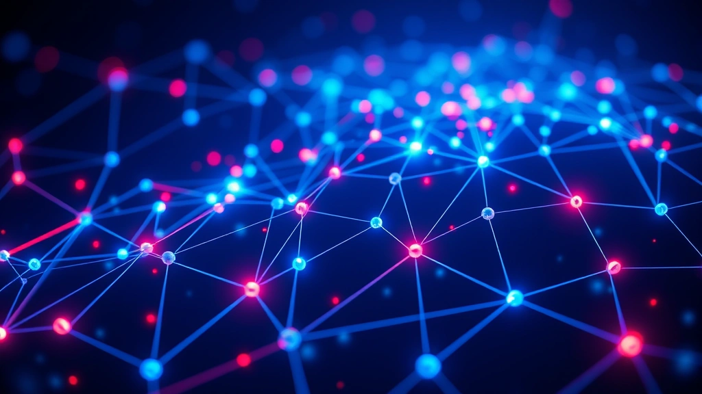 Digital blockchain network with interconnected nodes glowing in blue and red, representing Bitcoin price volatility and market connections, abstract cryptocurrency technology visualization