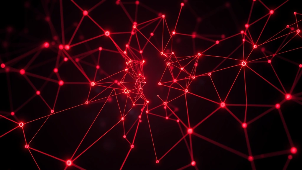 Photorealistic image of blockchain network visualization with nodes and connections appearing to fracture or disconnect, symbolizing market volatility and system stress, dark background with glowing red network lines