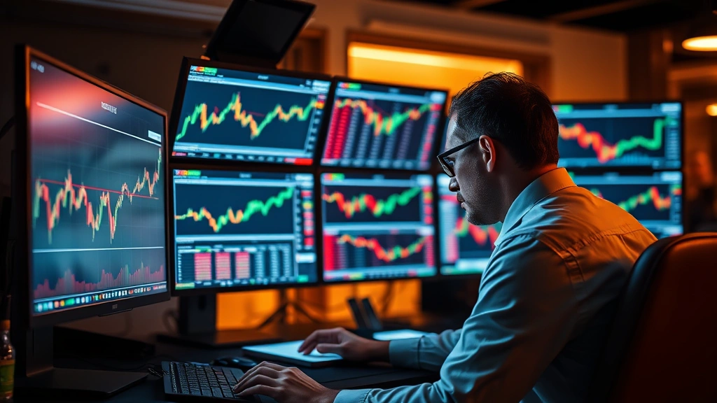 Photorealistic photograph of a professional trader monitoring multiple screens showing cryptocurrency market data, with warm lighting and focused composition, no visible ticker symbols or readable text on screens