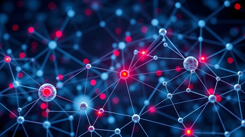 Photorealistic visualization of blockchain network nodes and connections with red warning indicators, showing network security and transaction processing during market volatility