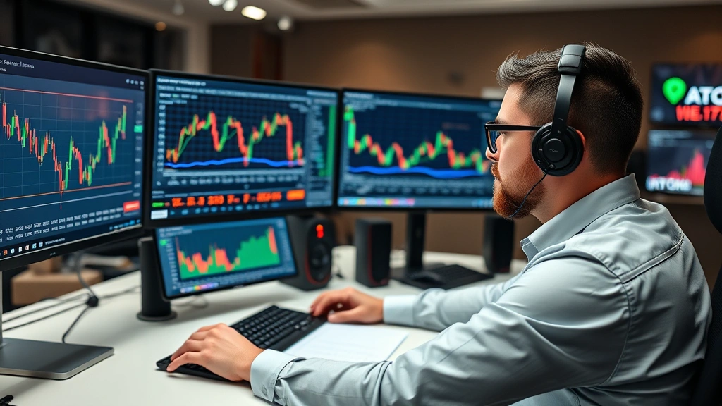 Cryptocurrency trader analyzing market data on multiple screens with Bitcoin price charts, professional trading environment with modern technology setup, focused investor workspace