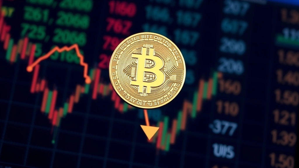 Photorealistic image of a Bitcoin physical coin positioned on a downward trending graph or financial chart, with blurred financial data and market numbers in background, emphasizing price decline concept