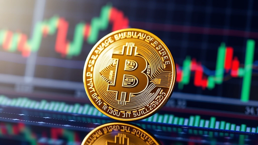 Bitcoin coin surrounded by financial market indicators, candlestick charts in background, representing market analysis and price movement patterns in cryptocurrency trading