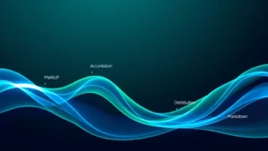 Digital visualization of bitcoin price wave cycles showing accumulation, markup, distribution, and markdown phases with flowing blue and green gradients representing market movement over time