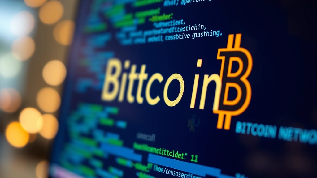 Close-up photograph of illuminated blockchain code on computer screen displaying bitcoin network transactions and data flowing in real-time with bokeh lights in background