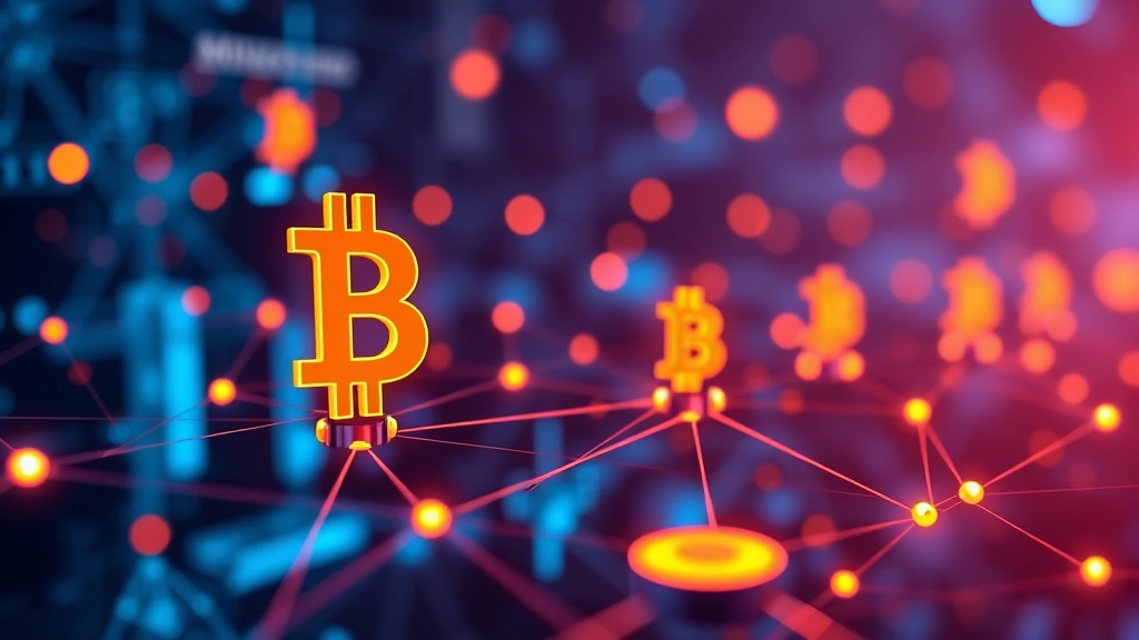Abstract representation of mining operation with digital bitcoin symbols and network nodes interconnected, showing the computational aspect of cryptocurrency with cool blue and orange lighting