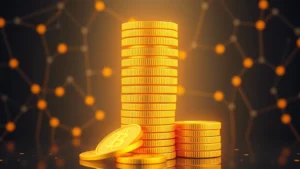 Digital cryptocurrency coins stacked in ascending formation showing growth and accumulation, warm golden lighting, blockchain network pattern background, photorealistic 3D rendering