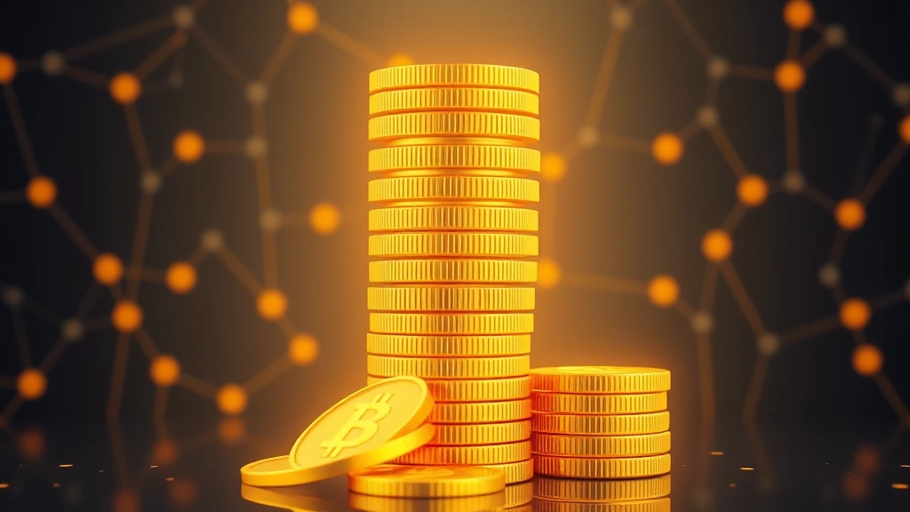 Digital cryptocurrency coins stacked in ascending formation showing growth and accumulation, warm golden lighting, blockchain network pattern background, photorealistic 3D rendering