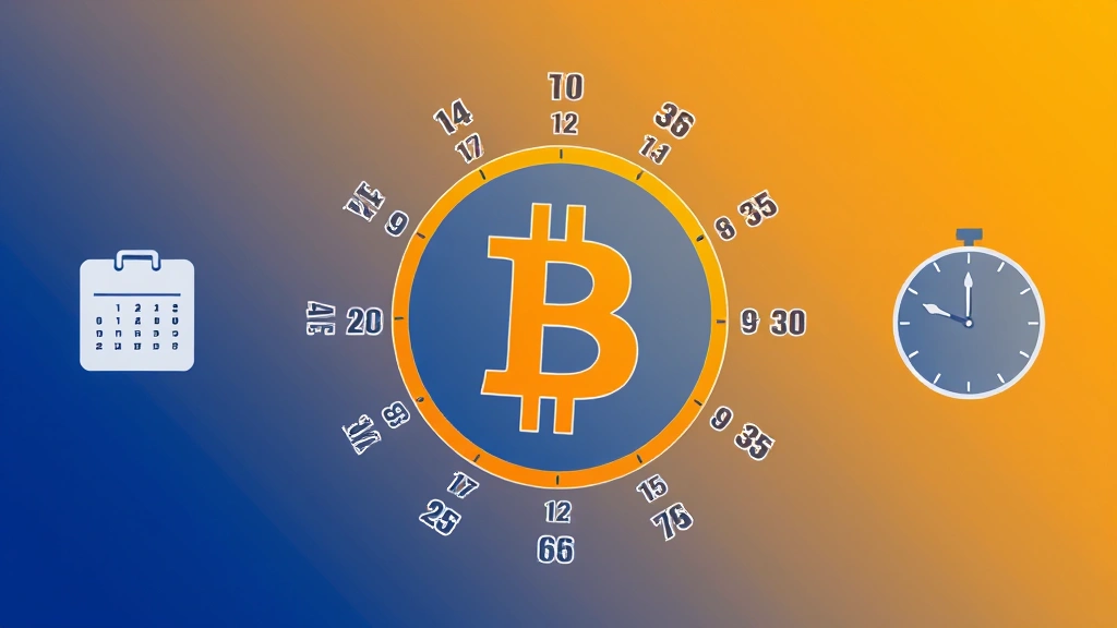 Bitcoin symbol surrounded by calendar dates and clock faces showing regular intervals, time progression concept, blue and orange color scheme, digital illustration style