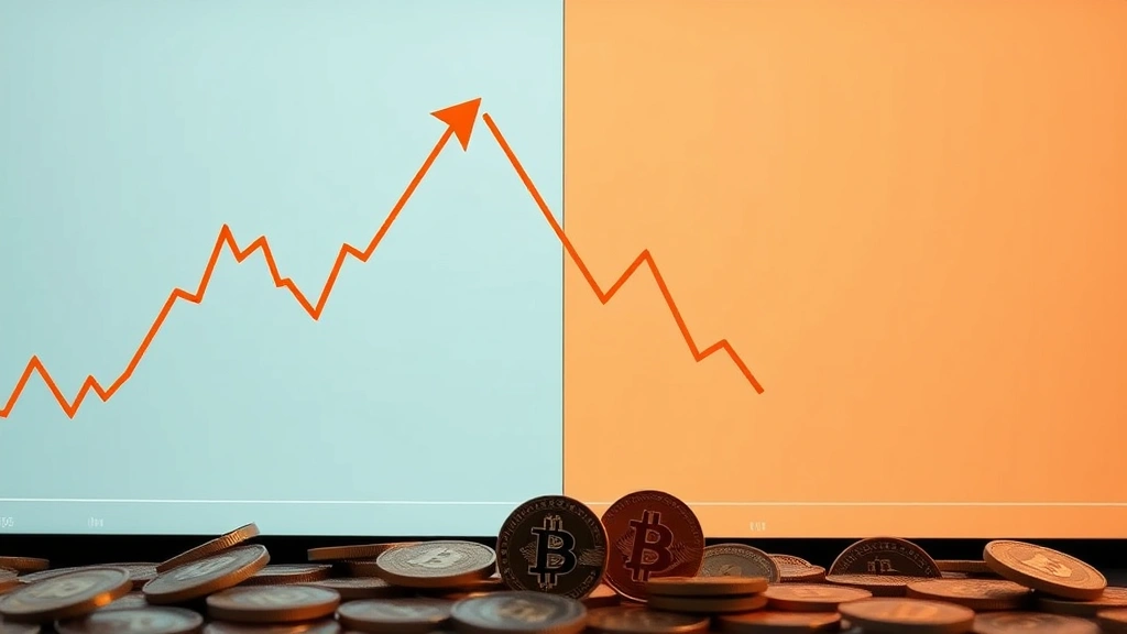 Split-screen showing upward trending graph on left and downward trending graph on right, representing bull and bear markets, with Bitcoin coins scattered, photorealistic, no ticker symbols or labels