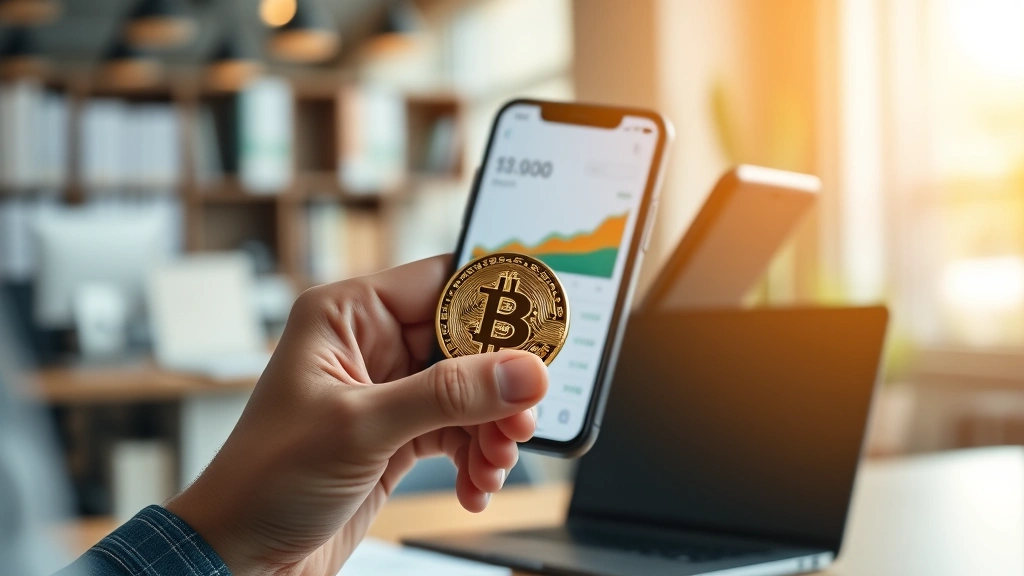 Person's hands holding Bitcoin coin while looking at smartphone displaying portfolio growth, warm office lighting, professional setting, no screen content visible