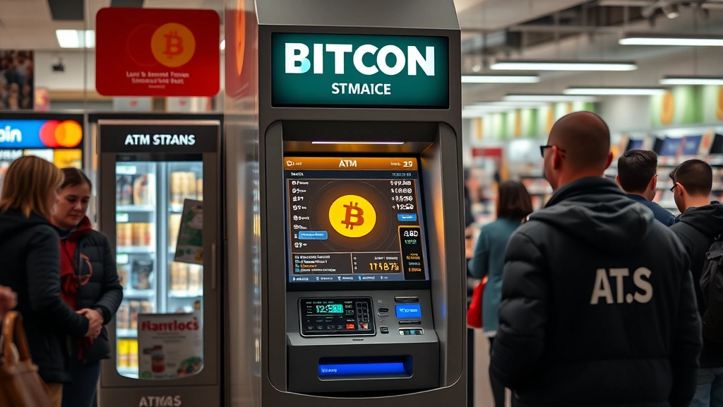Photorealistic Bitcoin ATM machine in modern convenience store with customers, glowing screen displaying cryptocurrency prices, busy retail environment, natural lighting