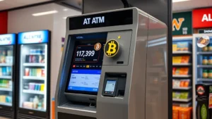 Modern cryptocurrency ATM machine with digital screen displaying Bitcoin price, located in convenience store, professional photography, realistic lighting, contemporary setting