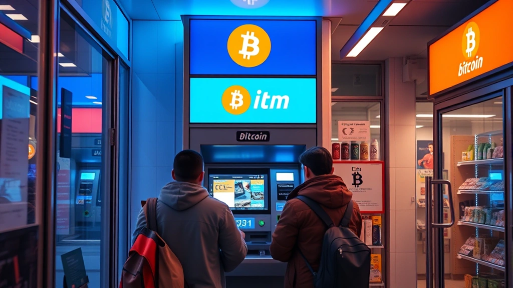 Modern Bitcoin ATM machine in a convenience store with customers using it, neon blue and orange lighting, realistic urban retail environment, photorealistic