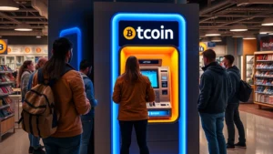 Photorealistic image of a modern Bitcoin ATM in a retail store environment with customers using the machine, blue and orange lighting, no text or logos visible