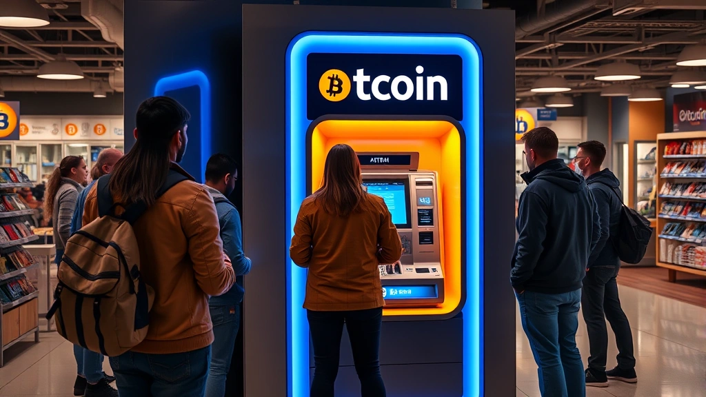 Photorealistic image of a modern Bitcoin ATM in a retail store environment with customers using the machine, blue and orange lighting, no text or logos visible