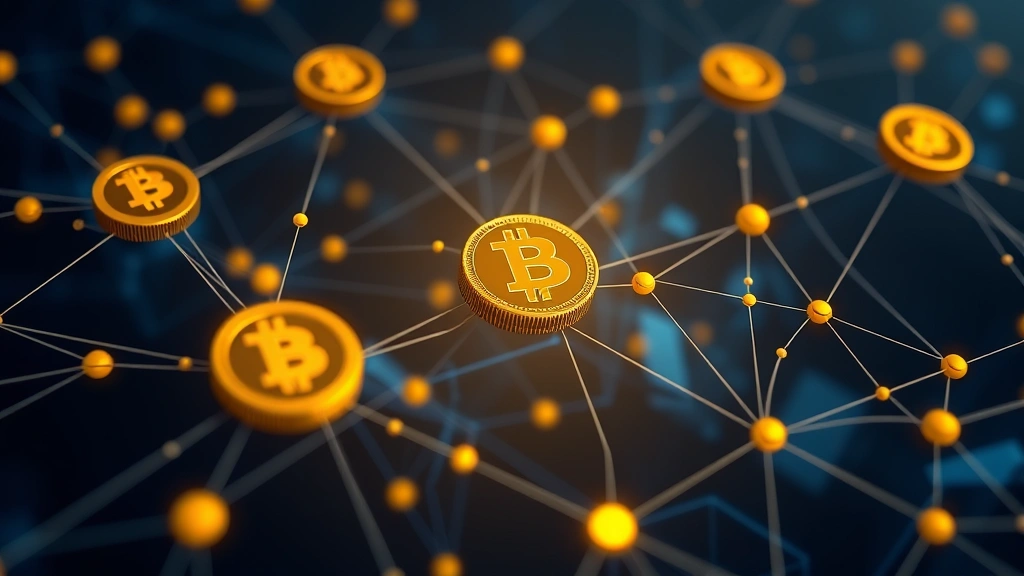 Digital blockchain network visualization with connected nodes and Bitcoin symbols, flowing data streams, modern technology aesthetic, dark blue and gold color scheme