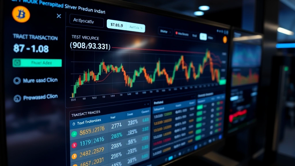 Cryptocurrency transaction dashboard on a digital screen showing Bitcoin price charts and transaction history, professional financial interface, high-tech setting