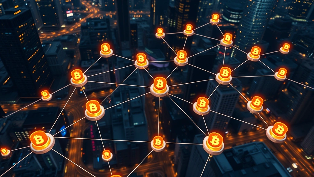 Network of interconnected Bitcoin ATM machines across different urban locations shown from above, glowing nodes representing transaction activity, cryptocurrency blockchain visualization in background, digital infrastructure concept