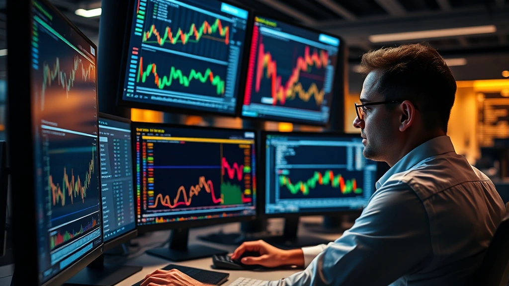 Photorealistic photo of a professional trader analyzing cryptocurrency market data on multiple computer monitors in a modern office, charts and graphs visible but no readable text, cool lighting