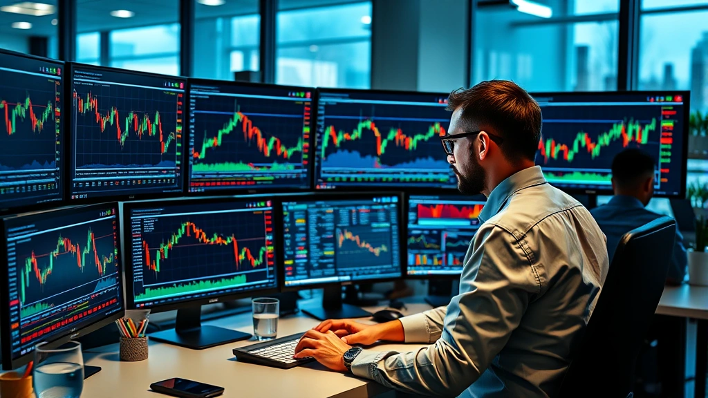 Professional cryptocurrency trader analyzing market charts on multiple monitors in modern office, Bitcoin price movements, trading dashboard, focused business environment
