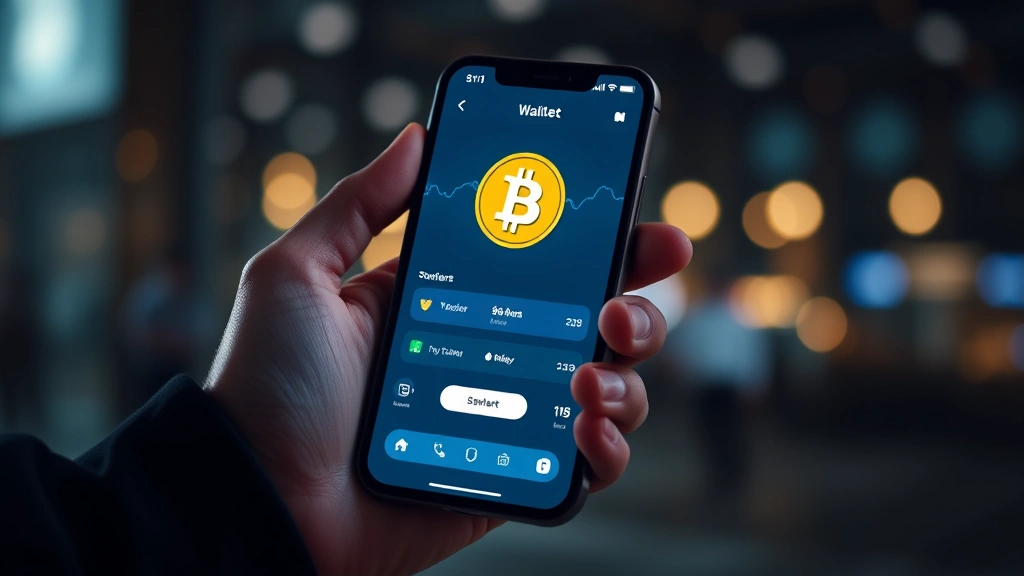 Person holding smartphone with cryptocurrency wallet app open, Bitcoin symbol glowing, modern fintech aesthetic, realistic lighting and details