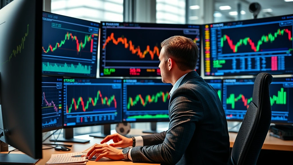 Professional investor analyzing cryptocurrency and stock market data on multiple displays, Bitcoin charts and financial metrics visible, modern office environment, representing investment decision-making process