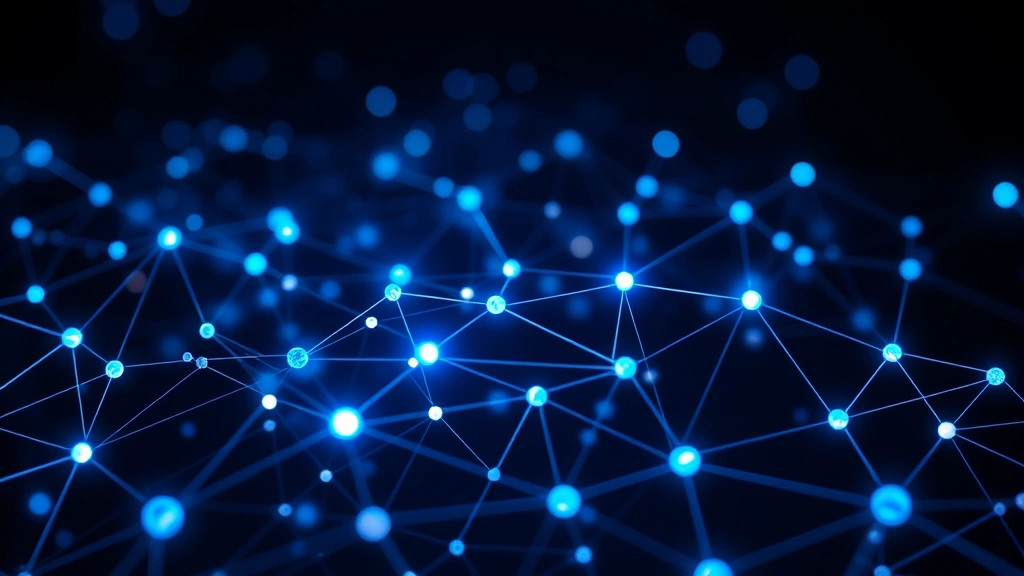 Photorealistic image of cryptocurrency network nodes and blockchain technology visualization, glowing connections between digital elements, abstract representation of distributed ledger technology, dark background with blue accents