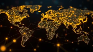 Cryptocurrency blockchain network nodes glowing with digital connections, abstract data visualization representing market data flows and Bitcoin transactions across a global network infrastructure