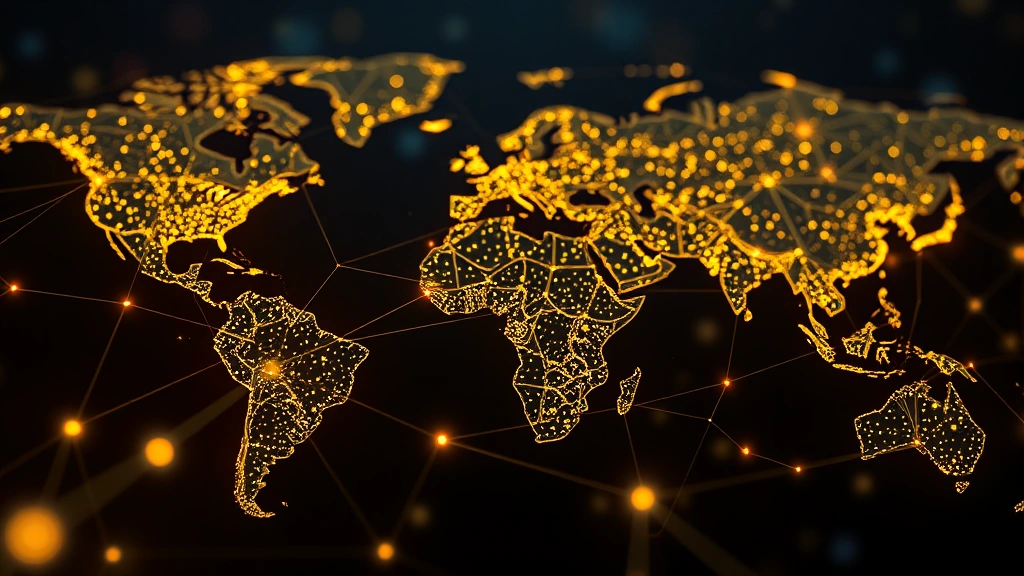 Cryptocurrency blockchain network nodes glowing with digital connections, abstract data visualization representing market data flows and Bitcoin transactions across a global network infrastructure