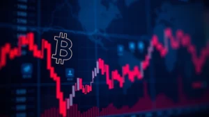 Digital cryptocurrency market display with bitcoin symbol declining, abstract financial data visualization with downward trending lines, dark blue and red color scheme, professional analytical aesthetic, no text or numbers visible
