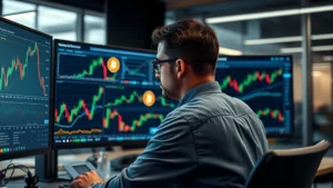 Photorealistic image of a cryptocurrency trader analyzing Bitcoin charts on multiple monitors in a modern office, showing focused concentration and market data visualization without any visible text or numbers