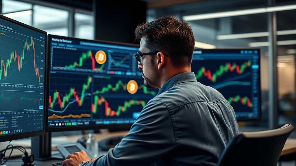 Photorealistic image of a cryptocurrency trader analyzing Bitcoin charts on multiple monitors in a modern office, showing focused concentration and market data visualization without any visible text or numbers