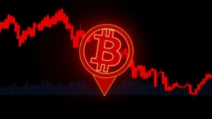 Digital Bitcoin symbol descending downward with glowing red candlestick charts on dark background, representing price decline and market volatility in cryptocurrency trading