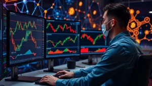 Professional cryptocurrency trader analyzing bitcoin charts on multiple monitors with candlestick patterns, blockchain network visualization in background, modern trading desk setup