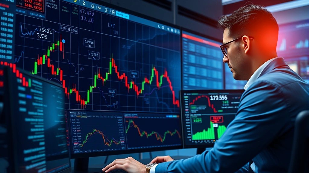 Digital cryptocurrency trading dashboard showing Bitcoin price chart with red candlesticks declining, holographic blockchain network visualization in background, professional trader analyzing data on multiple screens with financial metrics displayed