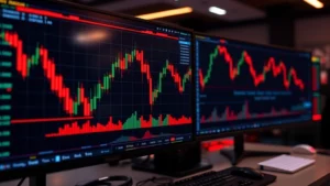 Digital cryptocurrency trading dashboard showing Bitcoin price chart with red candlesticks declining, multiple monitors displaying market data, professional trading environment with modern technology