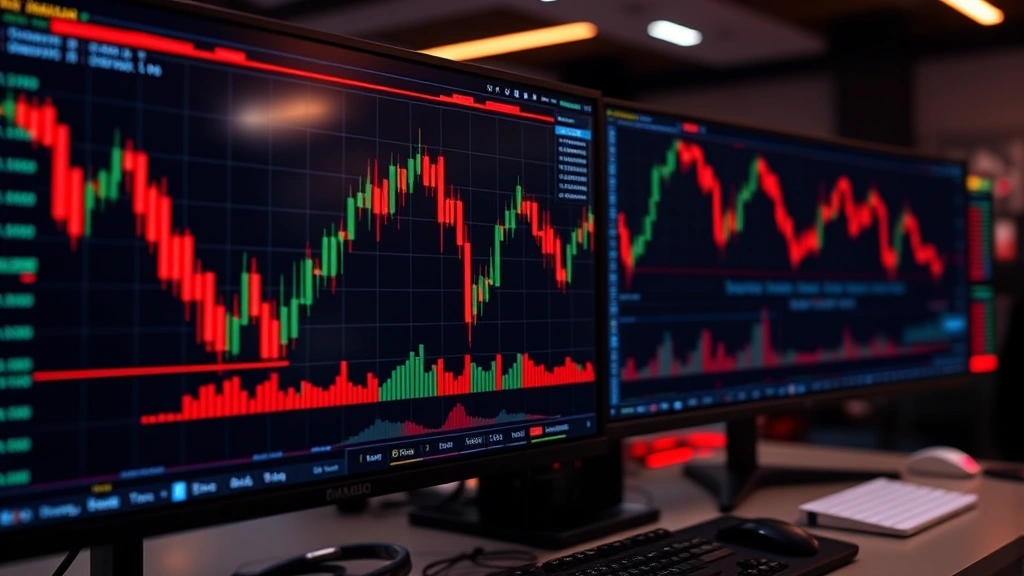 Digital cryptocurrency trading dashboard showing Bitcoin price chart with red candlesticks declining, multiple monitors displaying market data, professional trading environment with modern technology